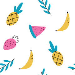 Tropical seamless background with pineapple, banana, strawberry and watermelon. Hand drawn drawing of fruits isolated on white background. Fruit repeat background. Vector bright print for fabric.