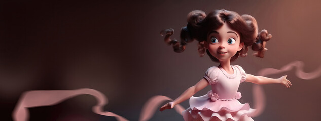 beautiful little girl dancing ballet in pink ballerina costume with ribbons flying as wide banner with copyspace area for text - Generative AI