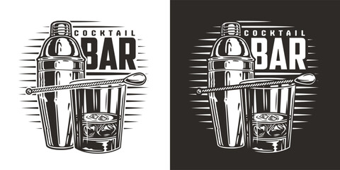 Bartender cocktail shaker and bar glass for bartending. Chromed boston shaker for barman of cocktail bar.