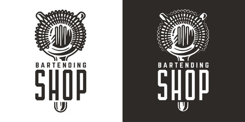 Bartending logo with strainer for shop or store. Bartender design with chromed metal equipment or cocktail bar tool for barman.