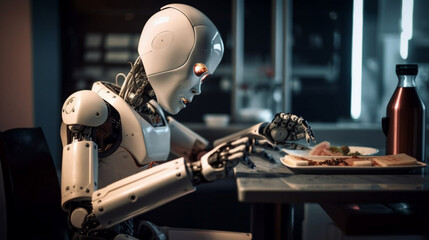 Fototapeta na wymiar a humanistic robot eating food Generative AI