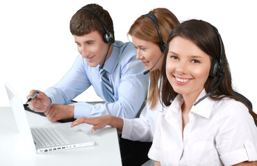 Fototapeta premium Manager and Call Center Employees Working in Background - Isolated