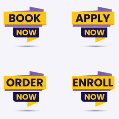 book now apply now order now and enroll now label clipart set