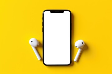 3d render of a phone, closeup of modern smart phone with white color screen and bluetooth earphones on yellow color background