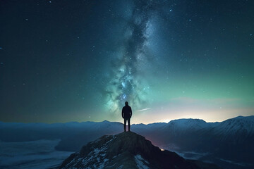 Fototapeta premium Ai generated image of a silhouette of a hiker looking at the milky way