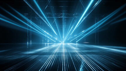 blurred rays of light on the disco floor white blue neon searchlight lights laser lines and lighting Generative AI