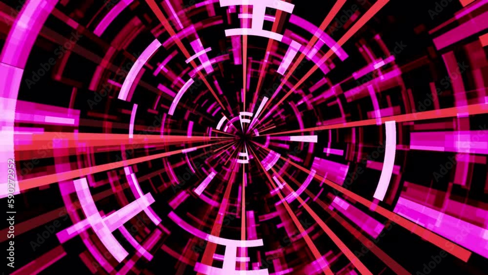 Wall mural going through cyberspace at high speed with moving metallic pink beams and particles. abstract 4k mo