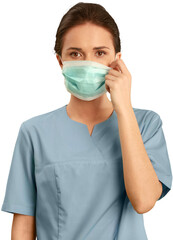 Female healthcare worker wearing a face mask and scrubs