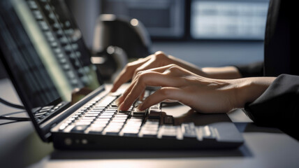 Close up, businesswoman hand, typing on laptop keyboard during working day in the office. Illustration. Generative AI