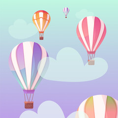 Colorful Hot Air Balloons fly on the beautiful sky with clouds. Vector illustration