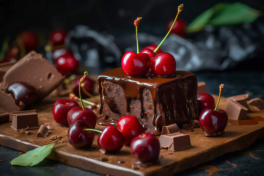 Small chocolate cake with cherries, closeup. Generative AI