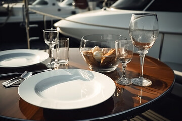 Fototapeta na wymiar Table served on a luxury yacht in a port, minimalism. Generative AI