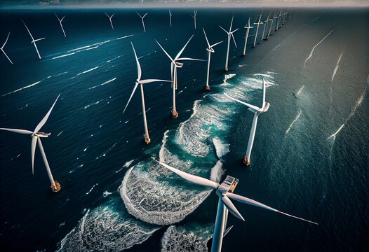A view of ocean wind farm with offshore wind turbines in the sea captured from above. Generative AI