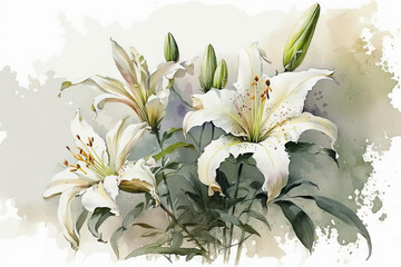 Generative AI. A branch close-up of a white Lilies flowers. Watercolor painting illustration, isolated on white background. - obrazy, fototapety, plakaty