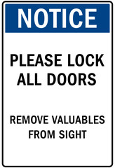 Door safety sign and labels please lock all doors, remove valuables from sight