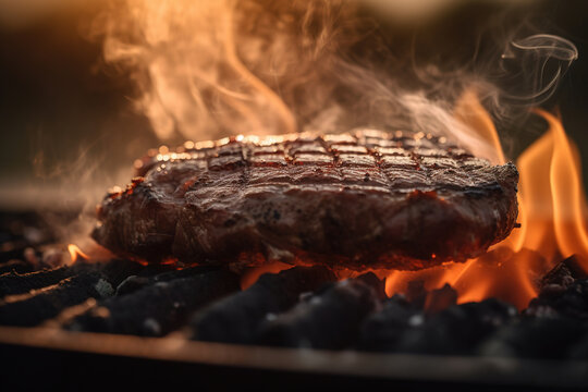 Grilled steak cooked on fire outdoors. Generative ai