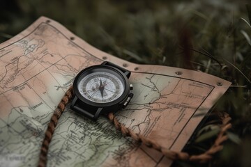 A macro shot of a hiking map with compass. Generative ai