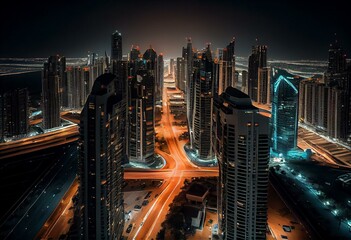 Fototapeta na wymiar Aerial timelapse of skyscrapers in Barsha Heights and low-rise buildings in Greens district from night to day. Generative AI
