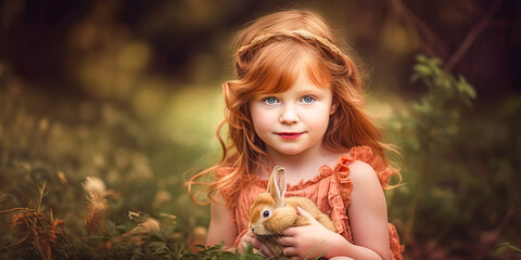 Happy child with cute Easter bunny rabbit, Spring season. Generative AI