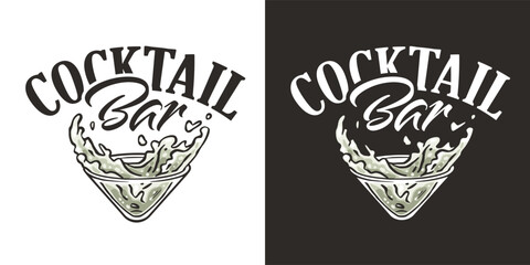 Martini vector with olives and splashes for alcohol cocktail bar or drink party. Logo design with glass of martini for bartender or barman
