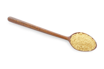 Wooden spoon with aromatic mustard powder on white background, top view