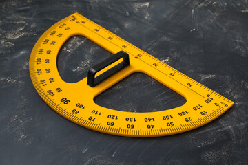 Protractor with measuring length and degree markings on blackboard