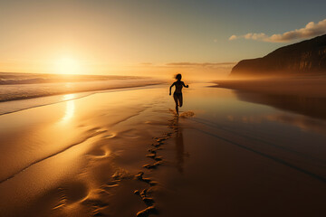 A perso runs along the ocean coastline facing the sunset. Generative AI
