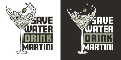 Martini vector with olives and splashes for alcohol cocktail bar or drink party. Logo design with glass of martini for bartender or barman - obrazy, fototapety, plakaty