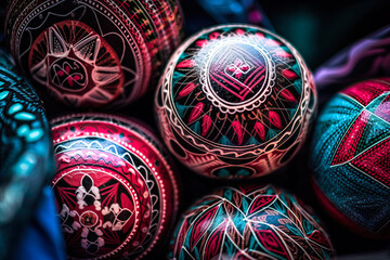 Colorful pysanky Easter eggs, hand decorated, painted. Generative AI