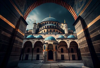 Traditional Turkish mosque architecture in Istanbul with Arabic influence. AI art. Generative AI