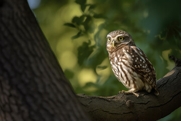 Little owl (Otus scops) in its natural habitat, sitting on a green tree branch with a forest in the backdrop; Bulgaria. Natural setting with wildlife, generative AI