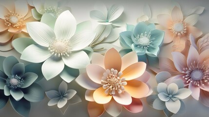 Beautiful 3D flowers glowing and translucent against muted pastel wallpaper. Generative AI