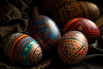 Colorful pysanky Easter eggs, hand decorated, painted. Generative AI