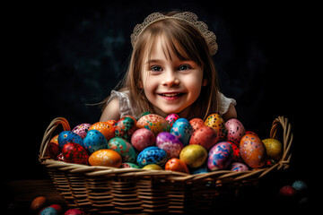 Fototapeta na wymiar Happy child with full Easter egg basket. Generative AI