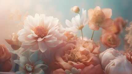 Obraz premium Bouquet of translucent flowers glowing in dreamy pastel wallpaper. Generative AI