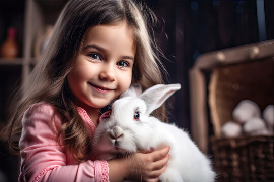 Happy child with cute Easter bunny rabbit, Spring season. Generative AI
