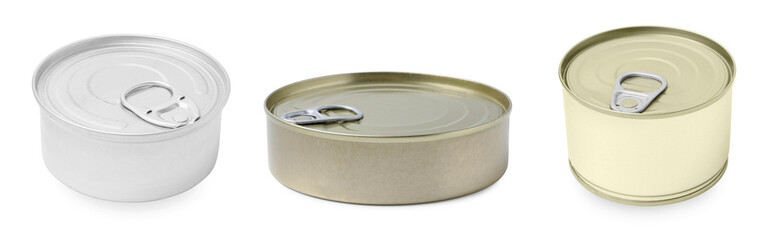 Set of different metal cans on white background