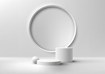 3D realistic modern style empty white podium platform decoration with white ball and circle wall scene background