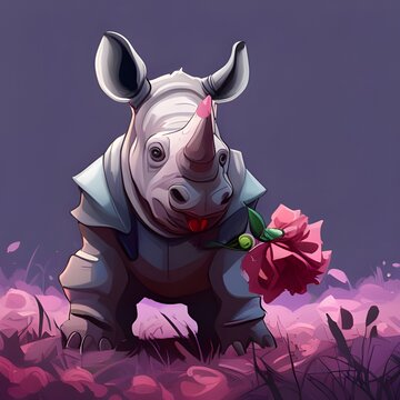 Rosey the Adorable Rhinocerous and Purple Rose -Created with Generative Ai.