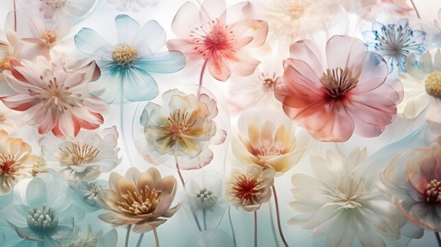 Dreamy wallpaper with 3D translucent flowers in pastel hues. Generative AI