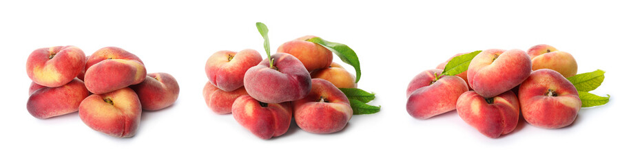 Piles of tasty flat peaches on white background, collage design