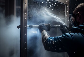 Metal detail being sprayed in powder coating booth. Generative AI