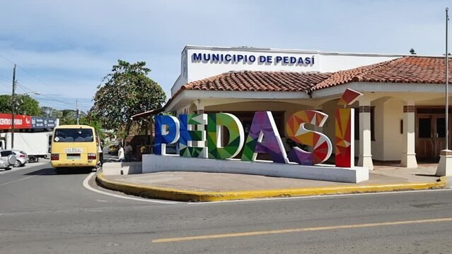 Panama, Pedasi town, welcome multicolored sign of town in summer