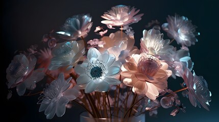 Glowing and translucent flower bouquet in an ethereal 3D rendering. Generative AI