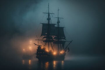 Fototapeta premium Old pirate ship on fire. Generative AI