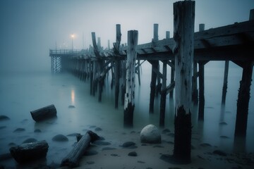 An old pier juts out into the misty waters of the bay, Generative AI
