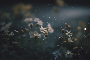 A misty morning scene with dew-covered flowers in the foreground and a thick foggy background, creating a cinematic and dreamy atmosphere. Generative AI