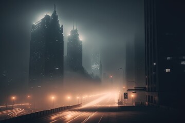 Naklejka na ściany i meble City skyline isolated in fog, Generative AI