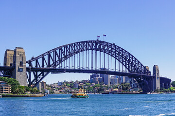 Fototapeta na wymiar The Sydney Harbor Bridge is a heritage-listed steel through arch bridge, nicknamed The Coathanger because of its arch-based design and carries rail, vehicular, bicycle and pedestrian. Australia, 2017