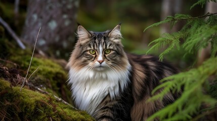 Naklejka na ściany i meble Majestic Norwegian Forest Cat in the Wild
